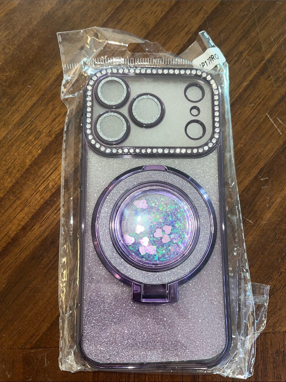 iPhone 17 Pro Glitter Purple Ring Grip Phone Case with Rhinestone Camera Frame